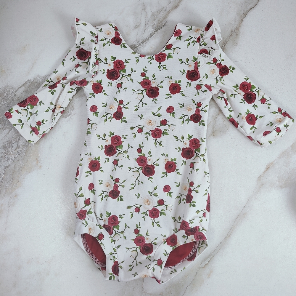 Precious Treasures Rose Floral Flutter Sleeve Pull-On Bodysuit Onesie, 18M